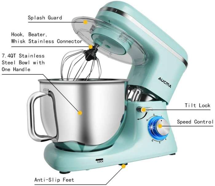 Aucma Stand Mixer,7.4QT 6-Speed Tilt-Head Food Mixer, Electric Kitchen Mixer  with Dough Hook, Wire Whip & Beater 