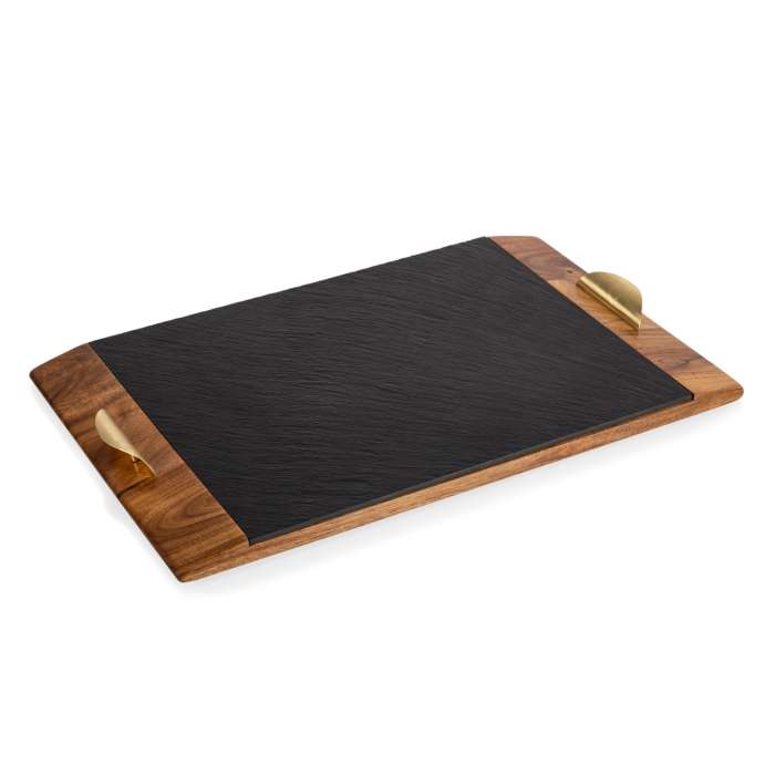 Covina - Acacia and Slate Serving Tray, (Acacia Wood & Slate Black with Gold Accents)