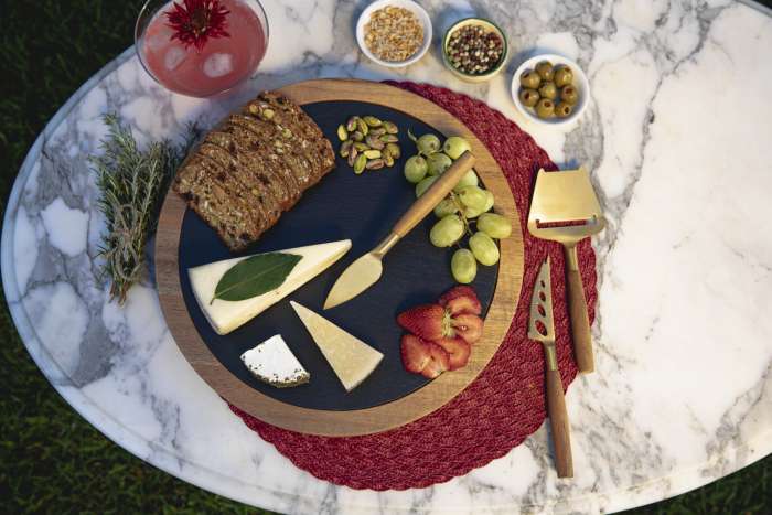 Insignia - Acacia and Slate Serving Board with Cheese Tools, (Acacia Wood & Slate Black with Gold Accents)